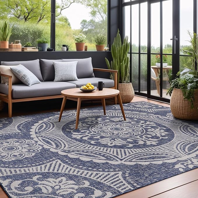Medallion Outdoor Rug 9x12 Washable Outside Carpet for Indoor Patio Porch Waterproof Easy Cleaning Non Shedding Area Rugs Blue 9 x 12