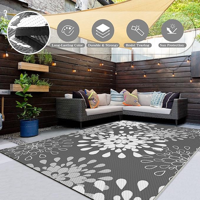 Wallona Outdoor Rugs 8x10 ft Patio Waterproof Clearance Indoor Outdoor Large Carpet for Patio Plastic Straw Reversible Area Rugs Mat for RV, Camping, Balcony, Picnic, Porch, Flower Grey & White