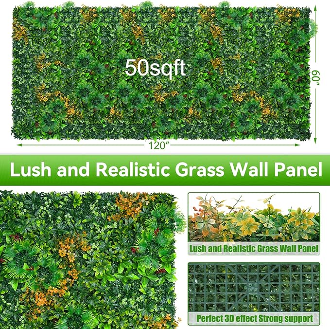 Grass Wall Panels Roll, 60"x120"(50 SQFT) Artificial Grass Backdrop Wall with Tropical Leaves, UV-Anti Faux Greenery Plant Boxwood Panels for Outdoor Green Wall Decor