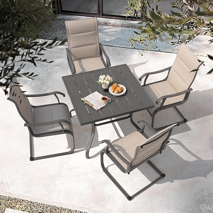 NUU GARDEN Patio Dining Chair Set of 4, Outdoor Spring Motion Chairs with Breathable Textilene, Comfortable Patio Chairs for Deck, Porch, Backyard & Indoor, Grayish Beige