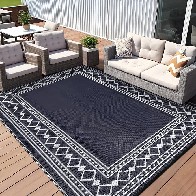 Garvee Outdoor Rug 10x14 for Patios Clearance,Waterproof Mat,Large Outside Carpet,Reversible Plastic Straw Camping Rugs,Porch,Deck,Balcony,Backyard,Black/Blue