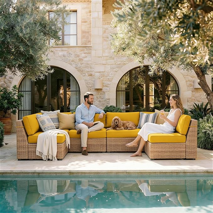 Outdoor Replacement Cushions for Patio Furniture, 5" Foam High-Density, 14-Piece Water-Resistant Outdoor Cushion for 6-Seat Sectional Patio Conversation Sets, Liner&Cover