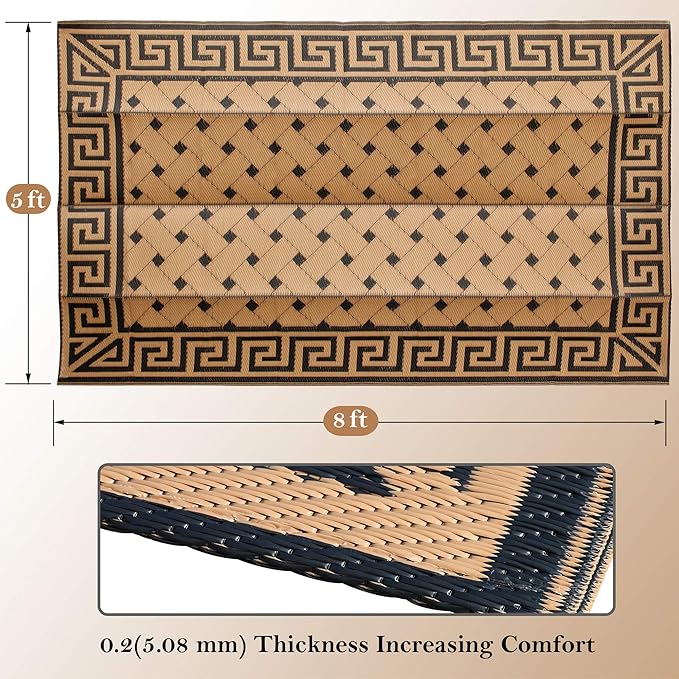 SAND MINE Reversible Mats, Plastic Straw Rug, Modern Area Rug, Large Floor Mat and Rug for Outdoors, RV, Patio, Backyard, Deck, Picnic, Beach, Trailer, Camping (5' x 8', Brown & Black)