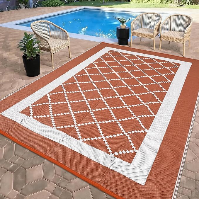 Outdoor Rug 10x14 Waterproof Reversible Mat Indoor Outdoor Plastic Straw Rus Carpet All Weather Modern Trellis RV Mat Carpet for Patio Deck Balcony Pool Picnic Orange/White