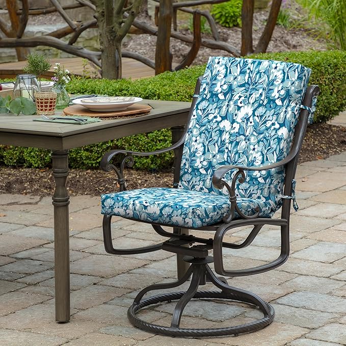 Arden 2-Pack Outdoor Patio Dining Chair Cushion, 20x44, Rain-Proof Seat Pad, Fade-Resistant Outdoor Cushion Aqua Blue Fusion Floral