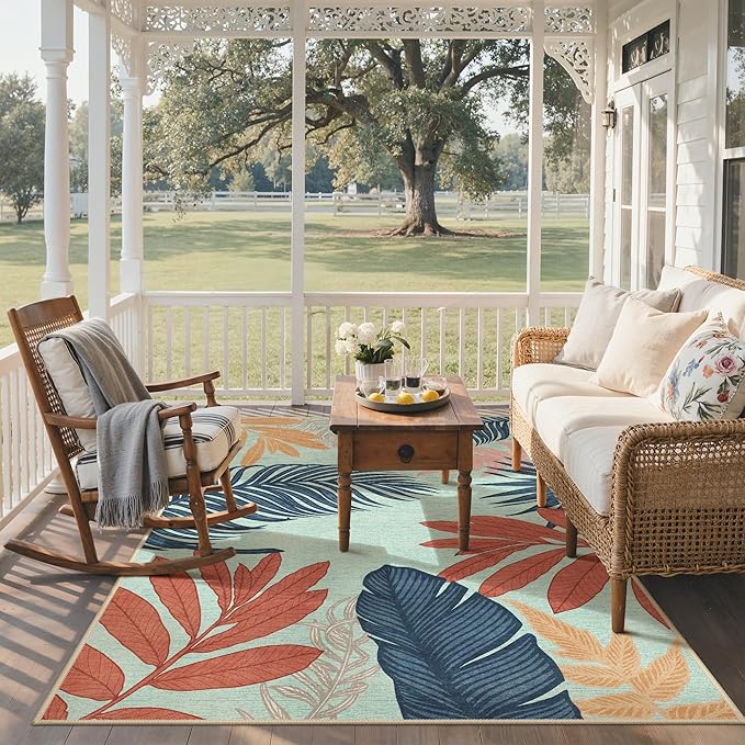 GENIMO Outdoor & Indoor Area Rug 5'x8', Waterproof, Non-Shedding, Easy Cleaning, Leaf Mat for Patio, Living Room, Balcony, Dining Room, RV, Deck, Bedroom, Camping, Outside Carpet, Blue Paint