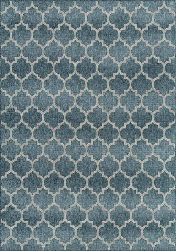 Unique Loom Outdoor Trellis Collection Area Rug (10' x 14' 1" Rectangle, Teal/ Gray)