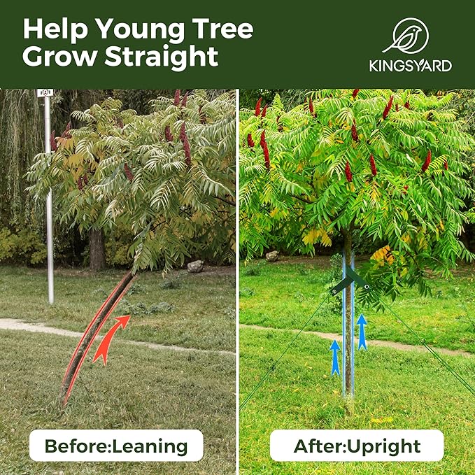Kingsyard Heavy Duty Tree Stake Kit, 6 Pcs 16 Inch Steel Tree Stakes and Supports for Leaning Young Trees Straightening Kit Against Bad Weather, with 6Pcs Straps & 6Pcs 13ft Anchor Ropes