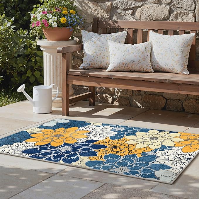 GENIMO Indoor Outdoor Area Rug for Entryway, 3'x5' Entry Rugs Door Mat, Machine Washable, Waterproof, Non-Slip, Easy Cleaning, Floral Outdoor Carpet for Patio Balcony Bedroom Kitchen Deck, Navy Blue