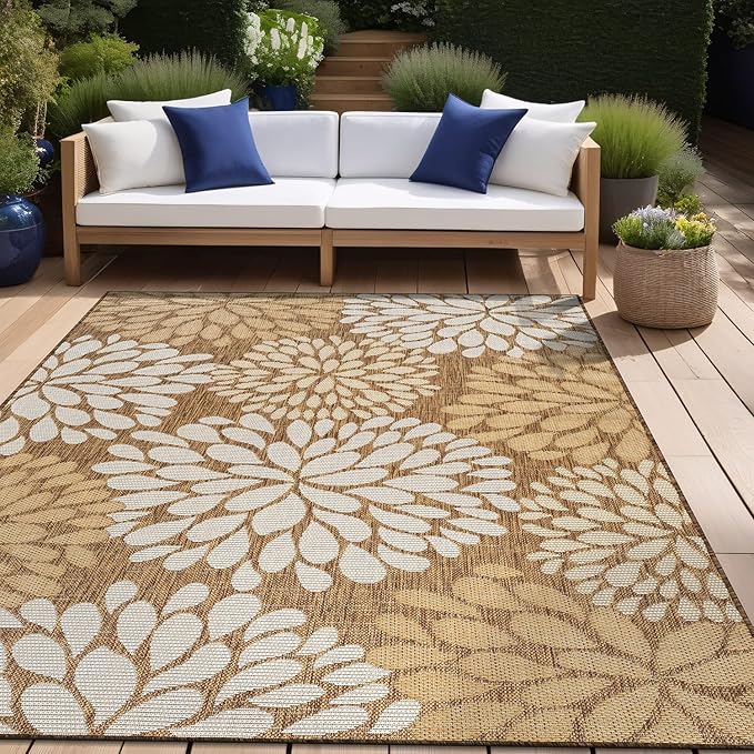 Beverly Rug Outdoor Rug 10x14 Modern Exotic Tropical Leaf Area Rugs for Indoor and Outdoor Patio Deck Porch Garden Water Resistant Washable Outside Carpet (10 x 14 Wooden)
