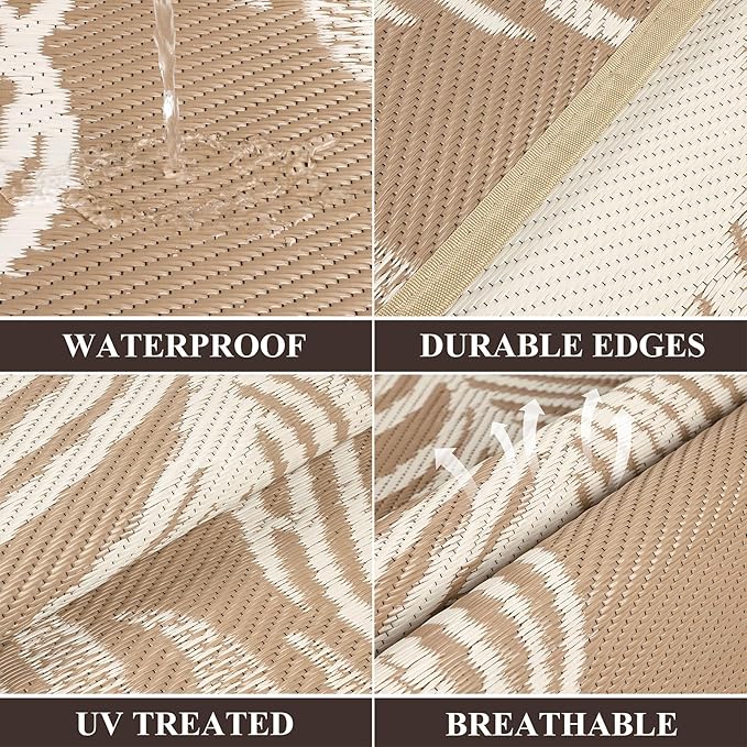 Pauwer Waterproof Outdoor Rug 6x9, Reversible Plastic Straw Patio Camping Rug, Indoor Outdoor RV Mat Carpet for Deck, Camper, Porch, Balcony, Backyard, Picnic, Leaf Brown