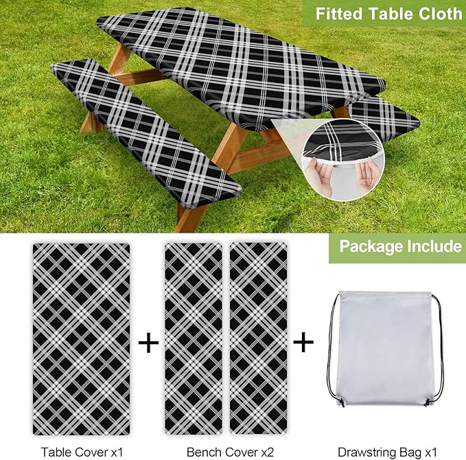 Picnic Table Cover with Bench Covers 6FT 3 Pcs Waterproof Windproof Aesthetic Camping Tablecloth with Drawstring Bag, Fitted for 6 Foot Rectangle Tables and Seats, 72 inch, Black Grey Checkered