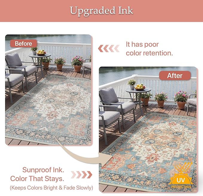 GENIMO Outdoor & Indoor Area Rug 6'x9', Waterproof, Non-Shedding, Easy Cleaning, Boho Mat for Patio, Living Room, Balcony, Dining Room, RV, Deck, Bedroom, Camping, Outside Carpet,Blue Salmon