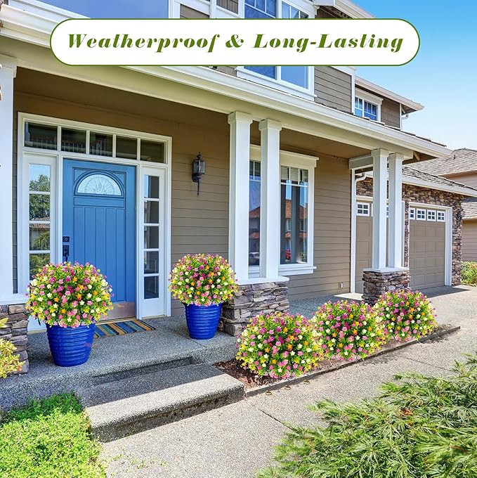 Yunlly 2 Pcs Outdoor Artificial Topiary Ball Trees 22" with Colorful Flowers, Boxwood Fake Bushes Shrubs with Spike, UV Resistant Evergreen Plants for Front Porch Garden Decor (Mix Color)