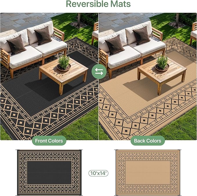 GENIMO Outdoor Rug Waterproof 10'x14' for Patio, Foldable Reversible Plastic Straw Carpet for Travel Trailers, Outside Area Mat for Rv, Deck, Picnic, Porch, Camper, Balcony, Beach, Black & Brown