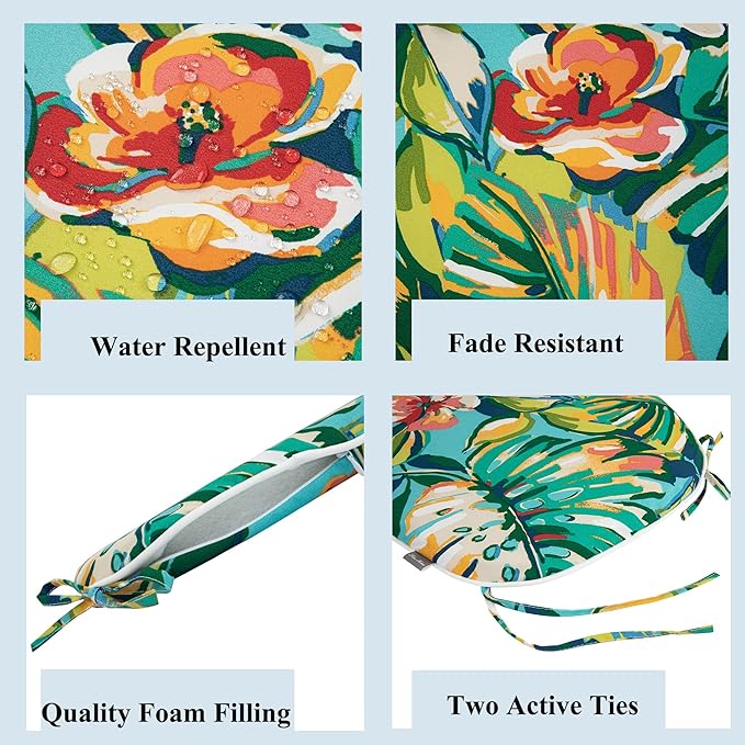 FUNHOME 17"x16"x2" Outdoor Chair Cushions Set of 4, Water Resistant Patio Chair Pads with Ties, Seat Cushions for Home Garden Furniture Decoration-Rosario Flower Leaf