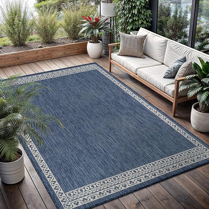 Washable Outdoor Rug 6x9 Modern Area Rugs Outdoor Carpets Bordered Pattern Non Shedding Waterproof Easy Clean Patio Deck Porch Living Room Bedroom Garden RV (6 X 9 Blue)