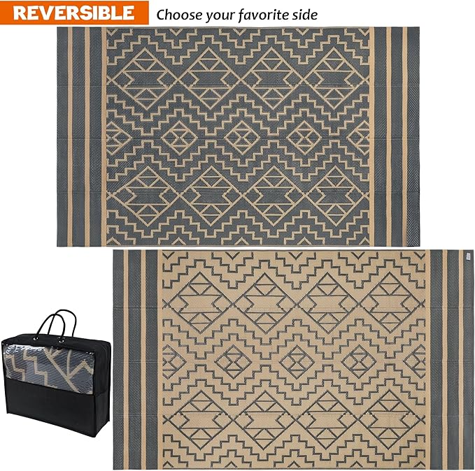 SAND MINE Reversible Mats, Plastic Straw Rug, Modern Area Rug, Large Floor Mat and Rug for Outdoors, RV, Patio, Backyard, Deck, Picnic, Beach, Trailer, Camping (5' x 8', Grey & Tan)