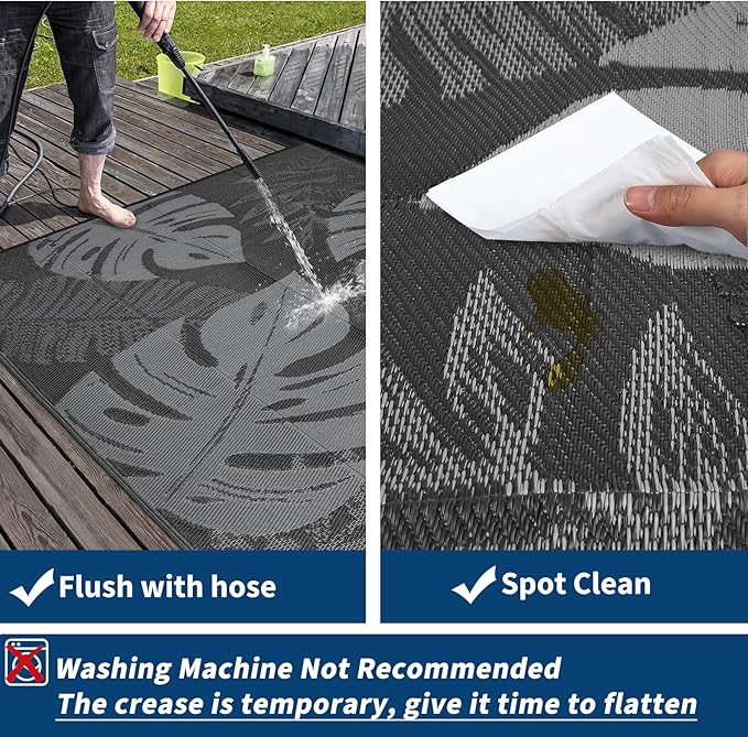 COZYLOOM Outdoor Patio Rug 8x10 Waterproof Plastic Straw Rug Reversible UV Resistant Camping Mat, Foldable Lightweight RV Picnic Mat with Portable Bag, Modern Outdoor Carpet for Yard, Black&Grey