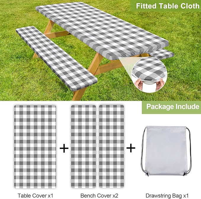 Picnic Table Cover with Bench Covers 6FT 3 Pcs Waterproof Windproof Aesthetic Camping Tablecloth with Drawstring Bag, Fitted for 6 Foot Rectangle Tables and Seats, 72 inch, White Grey Checkered