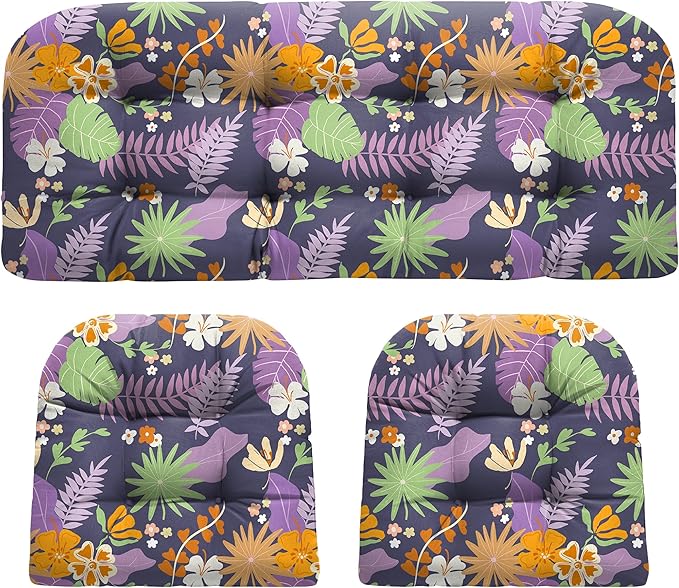 Wicker Chair Cushions, Waterproof Outdoor Loveseat Cushions for Patio Furniture, Tufted Wicker Furniture Cushions, 1 Loveseat and 2 U-Shaped Cushions (Purple Flower)