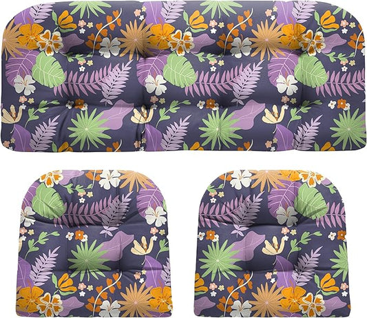 Wicker Chair Cushions, Waterproof Outdoor Loveseat Cushions for Patio Furniture, Tufted Wicker Furniture Cushions, 1 Loveseat and 2 U-Shaped Cushions (Purple Flower)