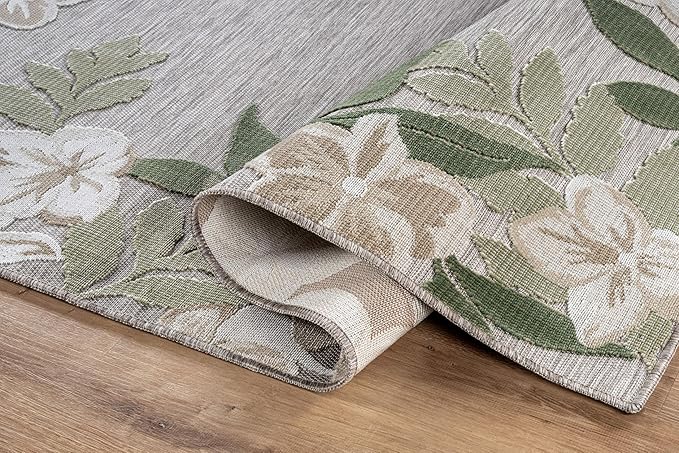 Outdoor Rug 5x7 Washable Area Rugs Indoor Outdoor Carpets Green Border Floral Non Shedding Waterproof Easy Clean Patio Deck Porch Living Room Bedroom Garden RV (5 X 7 Green)