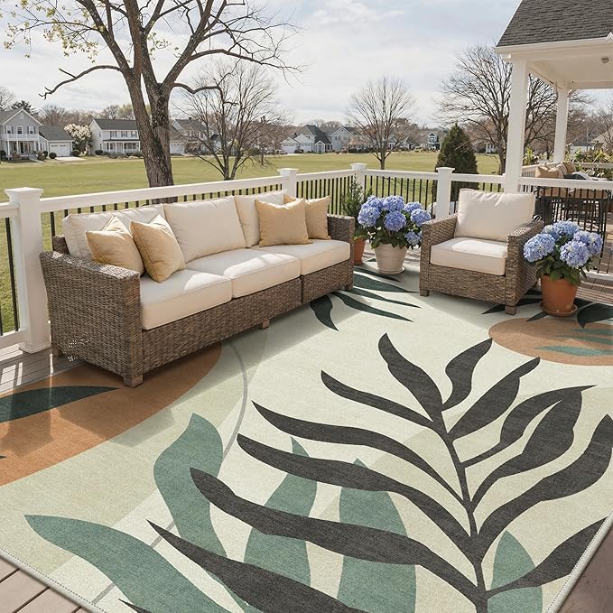 GENIMO Outdoor & Indoor Area Rug 10'x14', Waterproof, Non-Shedding, Easy Cleaning, Leaf Mat for Patio, Living Room, Balcony, Dining Room, RV, Deck, Bedroom, Camping, Outside Carpet, Beige Grey