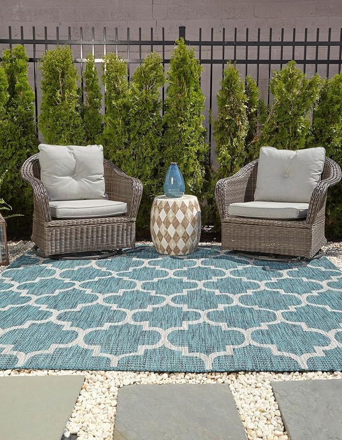 Unique Loom Outdoor Trellis Collection Area Rug (7' 10" Square, Teal/ Gray)
