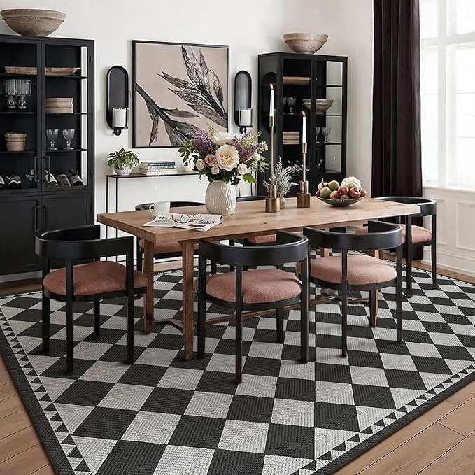 HUGEAR 6x9 Outdoor Rug Black/Grey Linen-Look Fabric Checkered Area Rug High Traffic Stain Resistant Easy Clean Durable Rugs for Indoor/Outdoor Patio Deck Balcony Porch Garden Courtyard