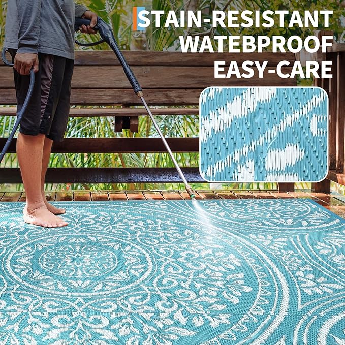 Waterproof Plastic Straw Outdoor Rug 9x18 Patio Reversible UV Resistant Foldable Camping Carpet Boho Floral Large Outdoor Rugs for Deck, Picnic, Porch, Camper, Balcony, Beach，Light Blue