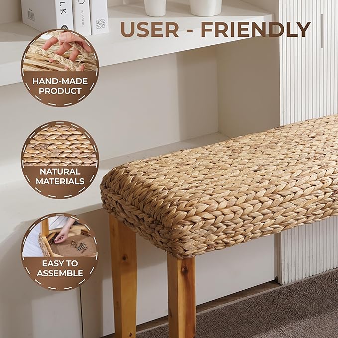 Solid Wood Acacia Indoor Bench with Natural Woven Seat, 47" Boho Bench Entryway, Wood Bench for Living Room or Entryway, Vintage Bench (Fishbone Style - Natural, Water Hyacinth)