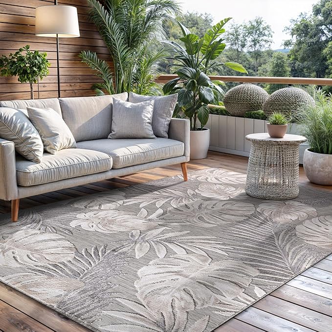 CAMILSON Indoor Outdoor Rug, Beige 4x6 Leaf Tropical Botanical Area Rugs for Indoor and Outdoor patios, Easy-Cleaning Non-Shedding Living Room, Garden and Kitchen Washable Outside Carpet (4 x 6)