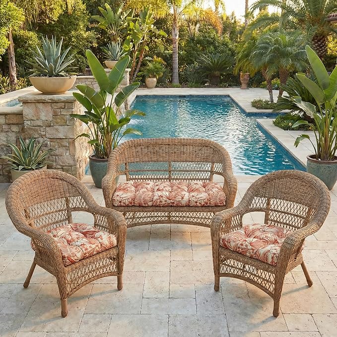 RSH DECOR: 3-Piece Wicker Tufted Cushion Set | 44" x 22" Loveseat & 22" x 22" U-Shapes | Outdoor Replacement Cushions | Water & Fade-Resistant Spun Fabric | Made in USA (Wilshire Mesa)
