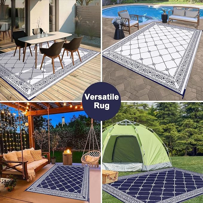 HiiARug Outdoor Rug 8'x10' for Patios Waterproof Patio Rugs Outdoor Mats for Front Porch,Beach Mat,Reversible Plastic Straw Camping Rugs for Outside RV,Deck,Balcony,Backyard Navy Blue