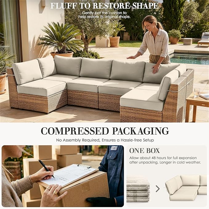 Outdoor Replacement Cushions for Patio Furniture, 5" Foam High-Density, 14-Piece Water-Resistant Outdoor Cushion for 6-Seat Sectional Patio Conversation Sets, Liner&Cover