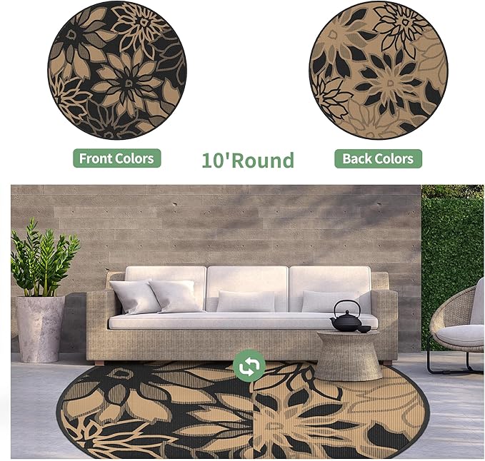 GENIMO Outdoor Rug Waterproof for Patio Decor, 10' Round Reversible Plastic Straw Floral Camping Carpet, Large Area Rugs Mats for RV, Camper, Deck, Balcony, Porch, Beach, Picnic, Black & Brown
