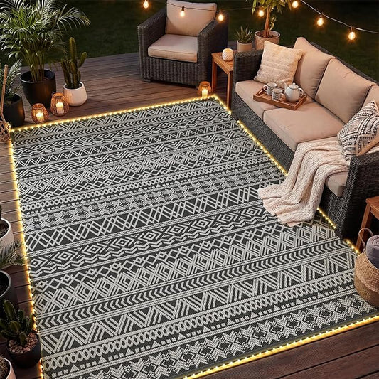MontVoo-Outdoor Rug Carpet 8x10 ft for Patio RV Camping with Led Strip Lights Waterproof Plastic Straw Rug Reversible Portable Outside Indoor Outdoor Rug Mat for Patio Decor Balcony Picnic-Boho Rug