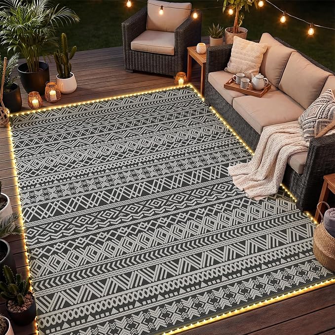 MontVoo-Outdoor Rug Carpet 6x9 ft for Patio RV Camping with Led Strip Lights Waterproof Plastic Straw Rug Reversible Portable Outside Indoor Outdoor Rug Mat for Patio Decor Balcony Picnic-Boho