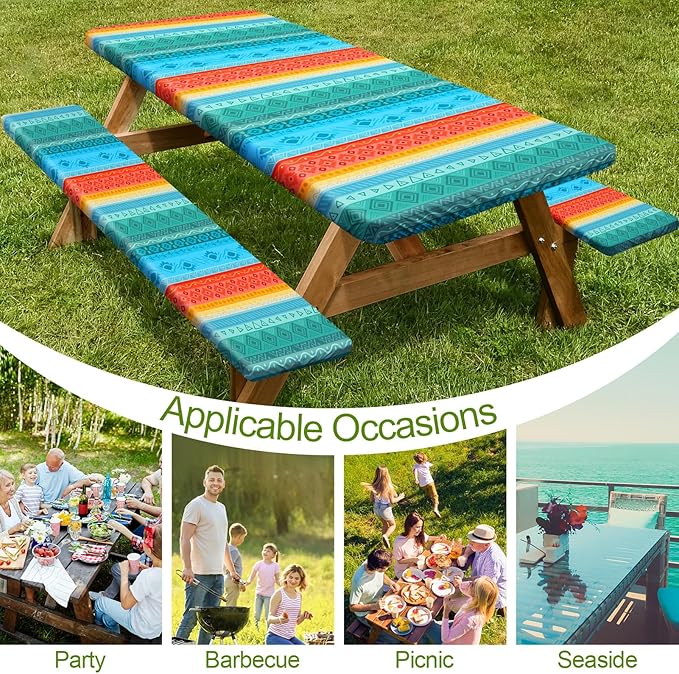Picnic Table Cover with Bench Covers 6FT 3 Pcs Waterproof Windproof Aesthetic Camping Tablecloth with Drawstring Bag, Fitted for 6 Foot Rectangle Tables and Seats, 72 inch, Teal Orange