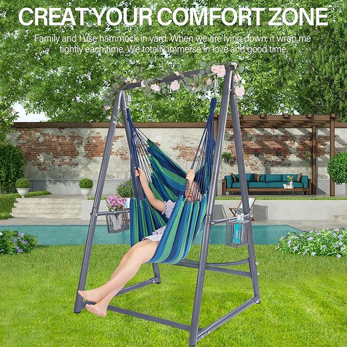 Hammock Chair Hanging Rope Swing & Stand Set with Two Holders, Heavy Duty Hanging Stand with Three Hooks, Multi-Use for Indoor Outdoor Patio Yard Garden(Grey & Blue)
