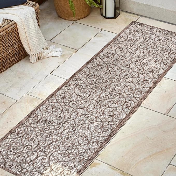 JONATHAN Y Vintage Filigree Indoor Outdoor Runner Rug 2X8 Taupe/Espresso, Madrid Textured Weave for Backyard, Patio, Porch, Easy-Cleaning, High Traffic, Pet-Friendly, Non-Shedding (SMB107C-28)