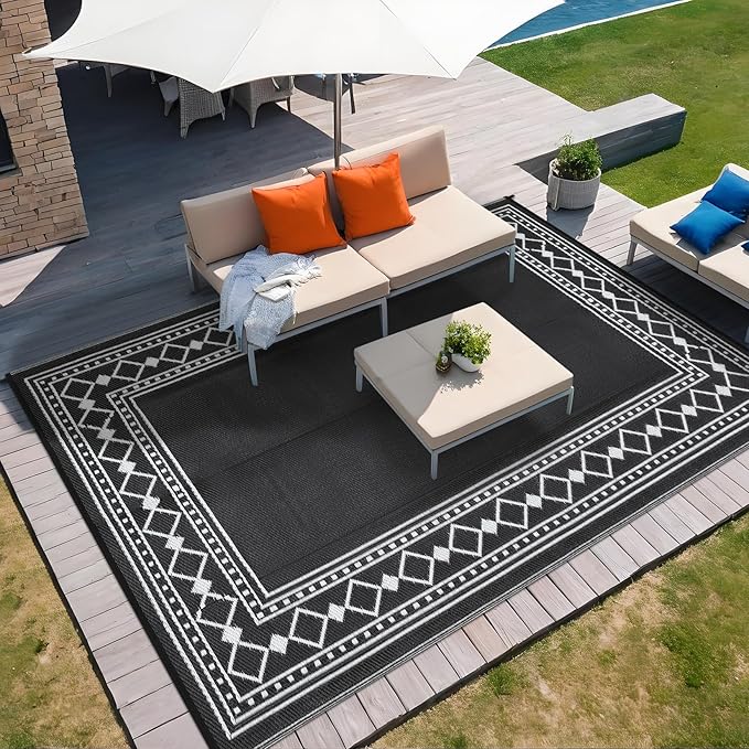 Garvee Outdoor Rug 9x12 Waterproof for Patio, Large Plastic Straw Mat for Camping, Porch, RV, Reversible Rugs for Deck Entryance Picnic Balcony Beach,Black/White