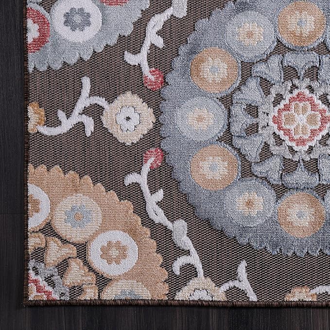 CAMILSON Indoor Outdoor Rug 6x9 Bohemian Medallion Floral Area Rugs for Indoor and Outdoor Patios Easy-Cleaning Non-Shedding Living Room Garden and Kitchen Washable Outside Carpet (6 x 9 / Brown)