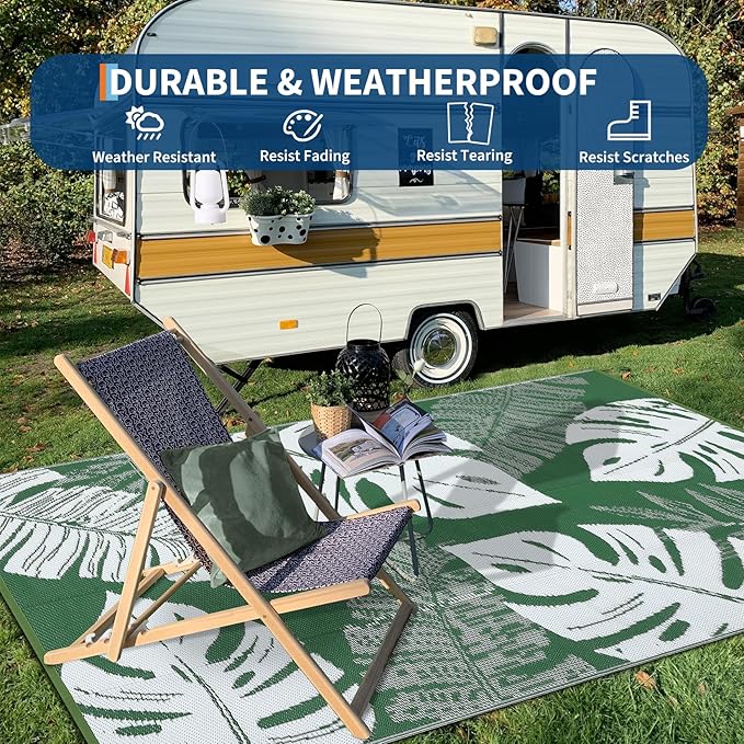 COZYLOOM Outdoor Rug 8x10 Patio Waterproof Plastic Straw Rug Reversible UV Resistant Camping Mat, Foldable Lightweight RV Picnic Mat with Portable Bag, Modern Outdoor Carpet for Yard, Green