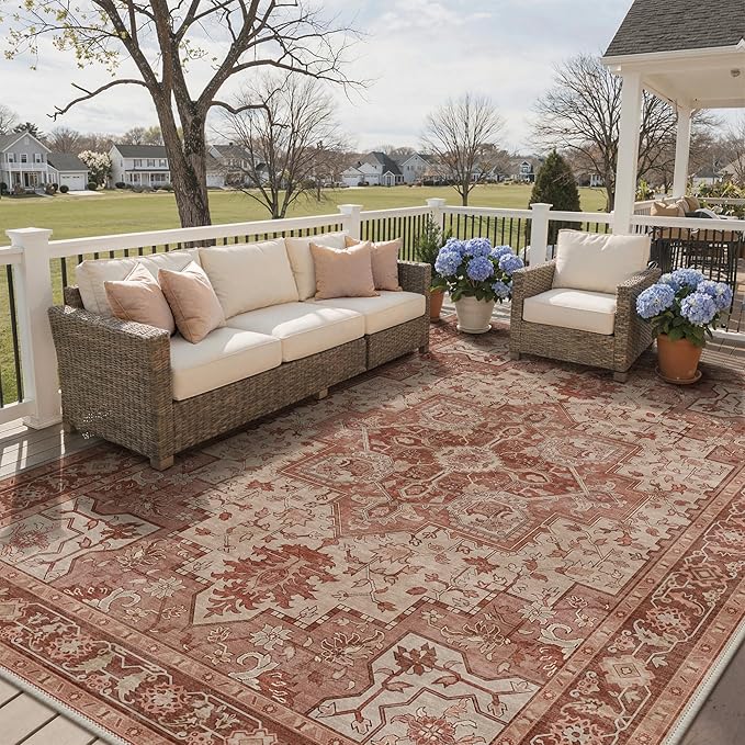 GENIMO Outdoor & Indoor Area Rug 10'x14', Waterproof, Non-Shedding, Easy Cleaning, Boho Mat for Patio, Living Room, Balcony, Dining Room, RV, Deck, Bedroom, Camping, Outside Carpet,Brown Red