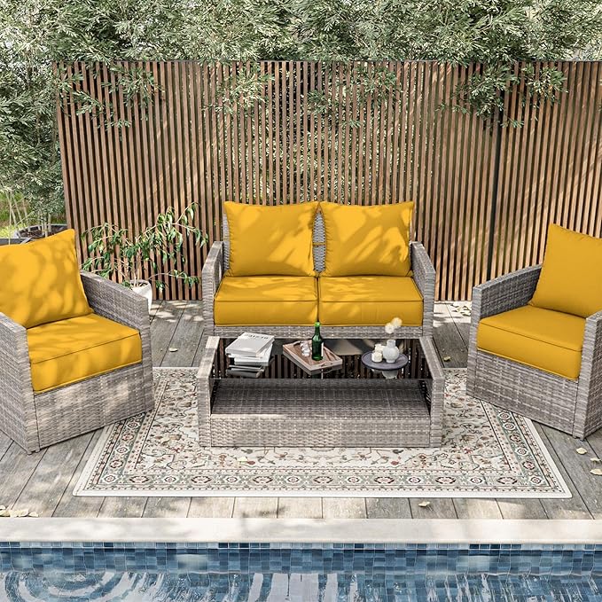 Outdoor Patio Chair Cushions Set 19 L X 19 W X 4 H Inch Waterproof & Fade Resistant Deep Seat and Back Cushions with Removable Covers Outdoor Seat Cushion Set for Chairs and Sofas