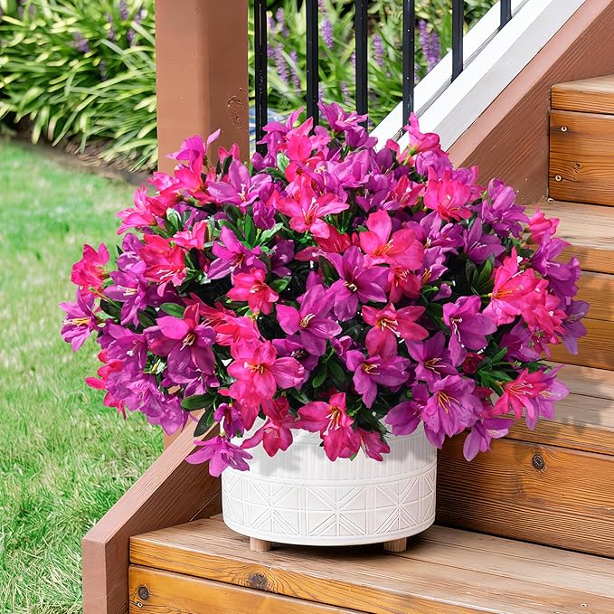 INSPRING Artificial Flowers Fake Plants for Outdoors Spring Summer Decoration, 3 Bundles Faux Silk Azalea UV Resistant Outdoor Flowers Realistic for Planters Outside Patio Porch Garden Home Decor, Mix