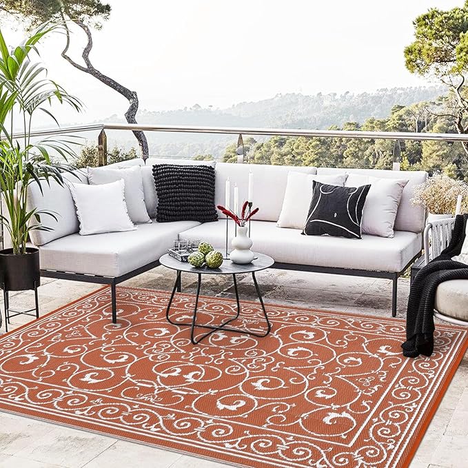 MilleLoomi 9x12 Outdoor Rug Waterproof Foldable Plastic Straw Carpet for Patio Porch Vintage Reversible Mat Lightweight Floor Mat for Picnic, Backyard, Rv, Beach, Deck, Camper, Balcony，Orange