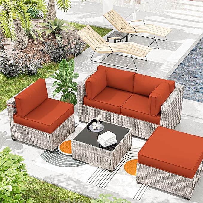 Outdoor Cushions for Patio Furniture with 5 Pillows, Waterproof Patio Furniture Cushions Replacement, 4" Deep Seat Outdoor Sectional Cushions for 4-seat Patio Furniture Chair Sofa Couch,Orange
